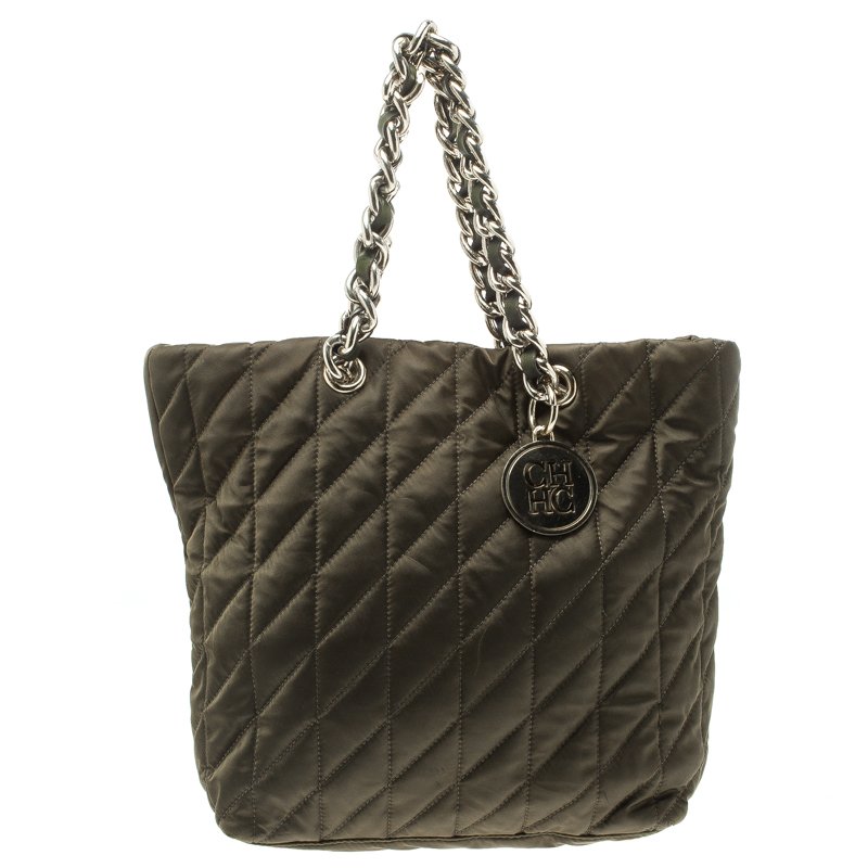 Carolina Herrera Dark Green Quilted Nylon Tote