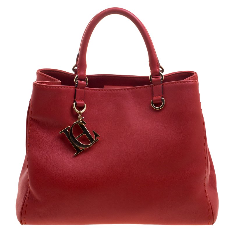 Pre Owned Carolina Herrera Red Leather Charm Shopping Tote