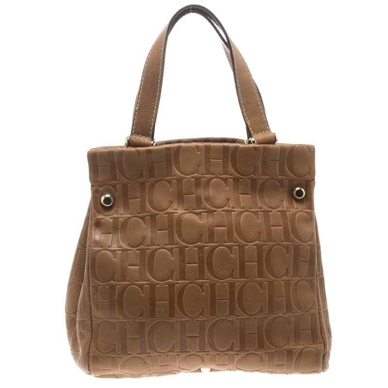 Pre Owned Carolina Herrera Brown Monogram Leather Tote