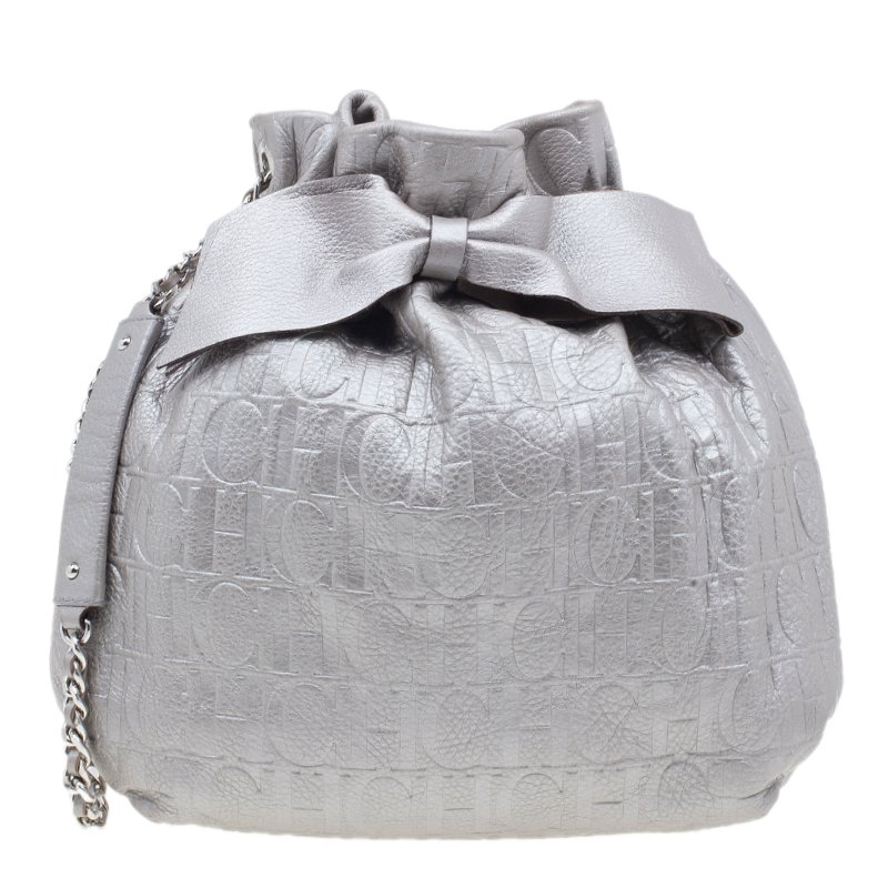 Pre Owned Carolina Herrera Silver Leather Audrey Pouch Bag