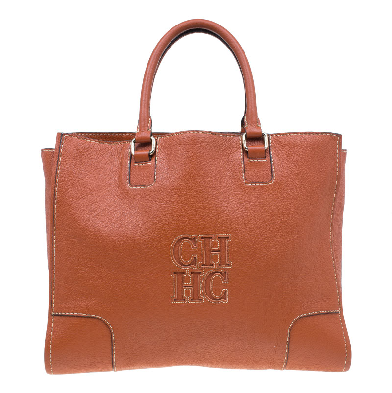 Pre Owned Carolina Herrera Orange Leather Tote Bag 