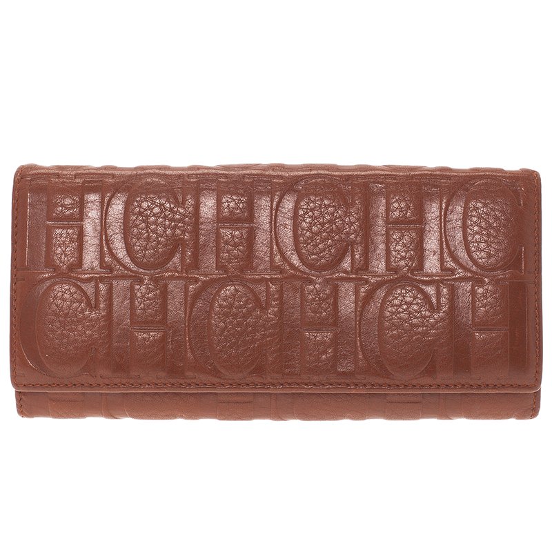 Pre Owned Carolina Herrera Brown Monogram Leather Continental Wallet