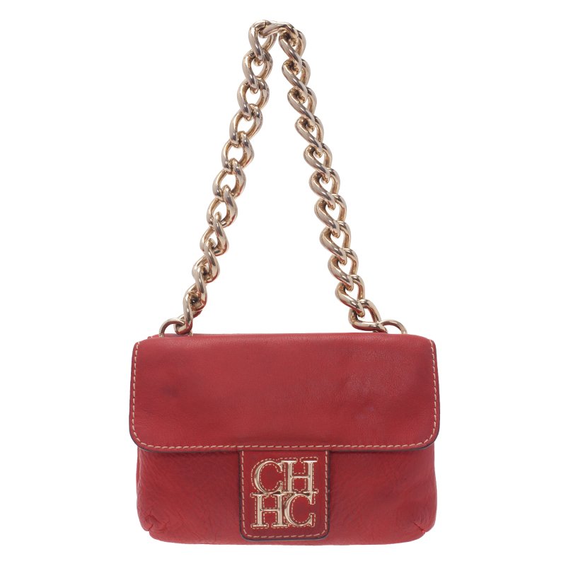 Carolina Herrera Red Leather Double Flap Chain Bag