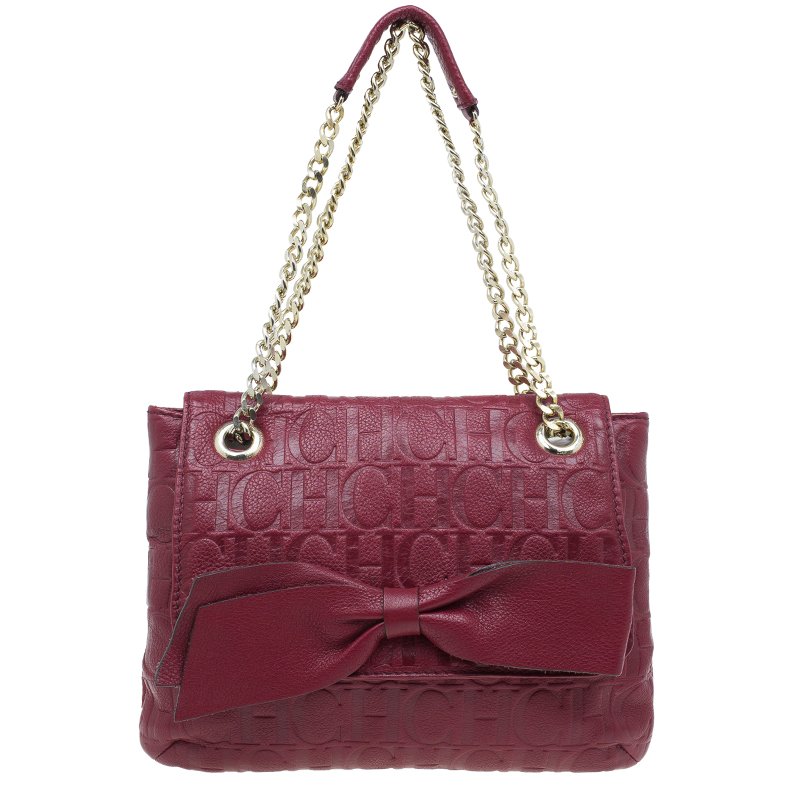 Pre Owned Carolina Herrera Red Monogram Leather Audrey Shoulder Bag