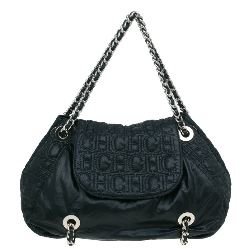 Pre Owned Carolina Herrera Black Monogram Nylon Drawstring Flap Bag