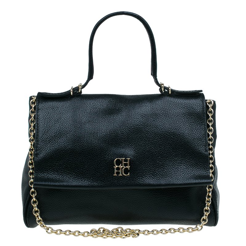Pre Owned Carolina Herrera Black Leather Minueto Flap Bag
