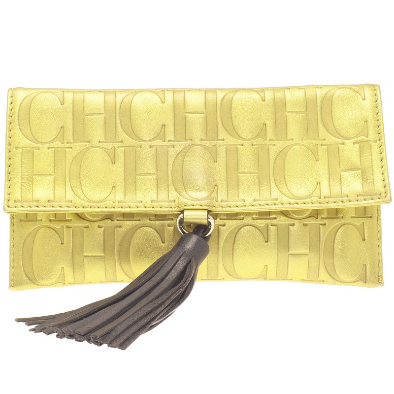 Pre Owned Carolina Herrera Gold Monogram Leather Tassel Clutch