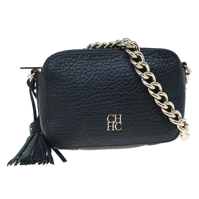 Carolina Herrera Black Pebbled Leather Mini Tassel Crossbody Bag ...