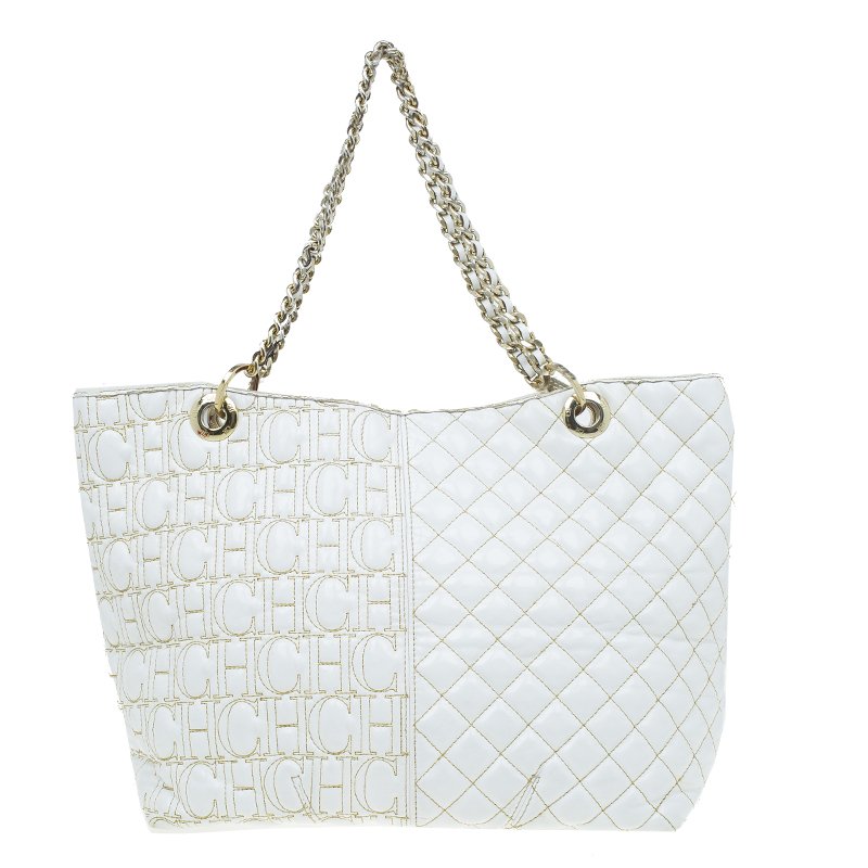 Pre Owned Carolina Herrera White Quilted Monogram Glazed Leather Large Tote