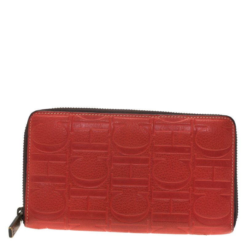 Carolina Herrera Red Monogram Leather Zip Around Wallet 