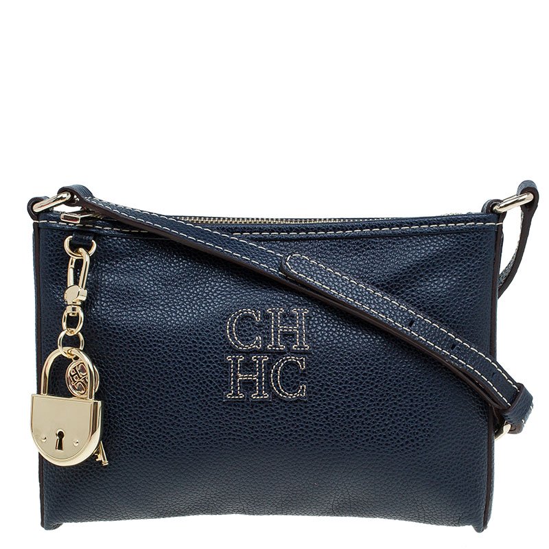 Carolina Herrera Navy Blue Leather Logo CH Crossbody Bag Carolina ...