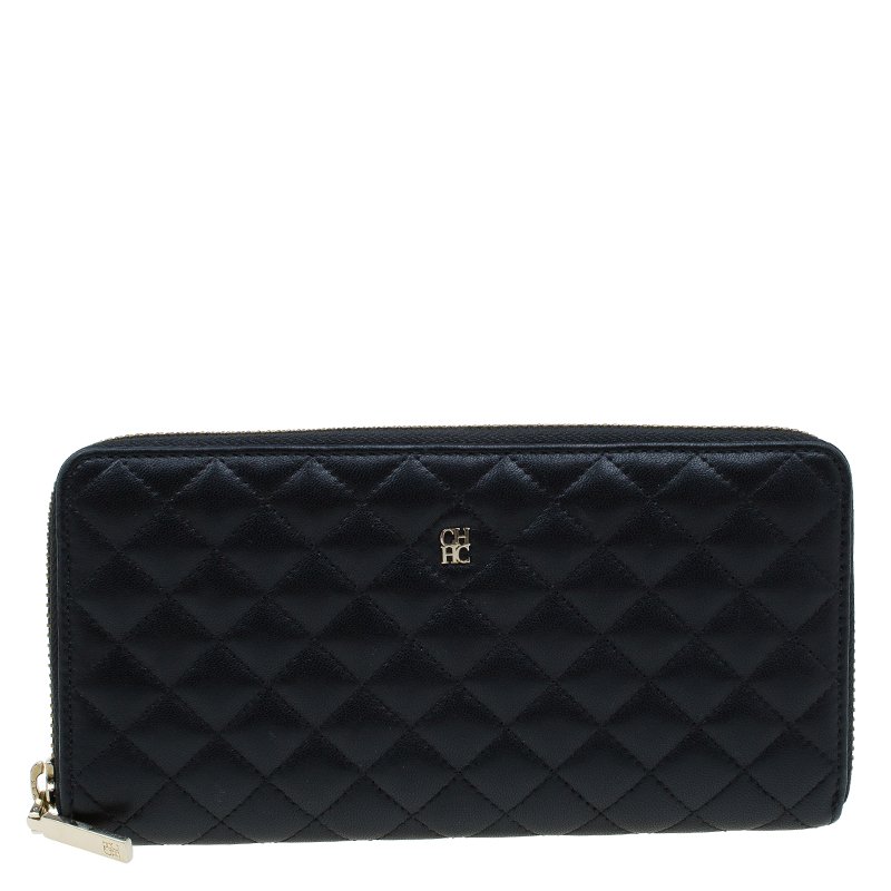 Pre Owned Carolina Herrera Black Quilted Leather Zip Around Wallet