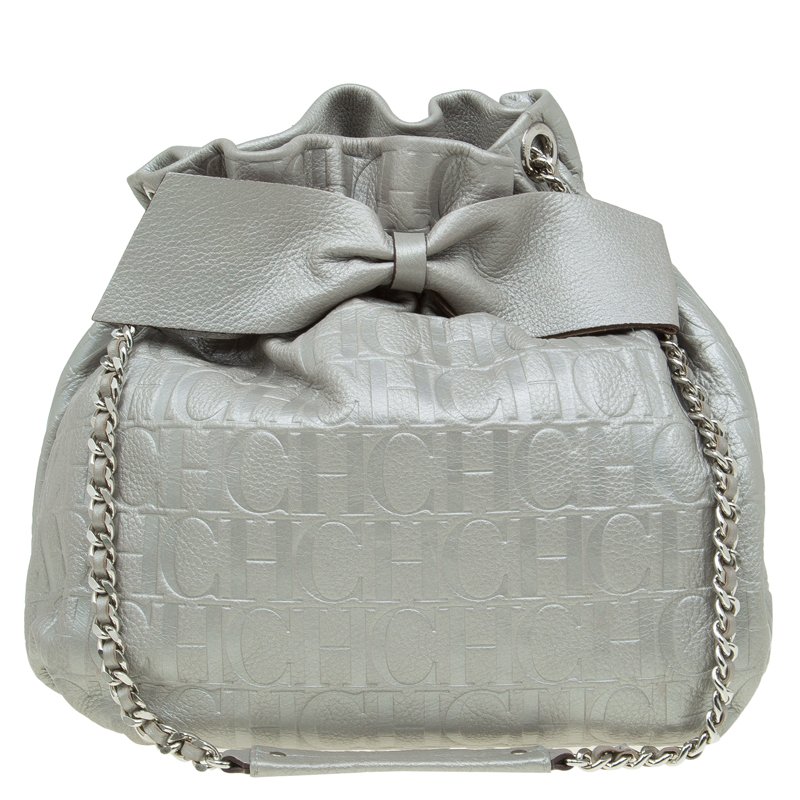 Pre Owned Carolina Herrera Silver Embossed Leather Bow Bucket Shoulder Bag