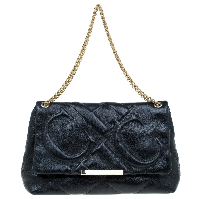 Pre Owned Carolina Herrera Black Quilted Leather Flap Chain Shoulder Bag