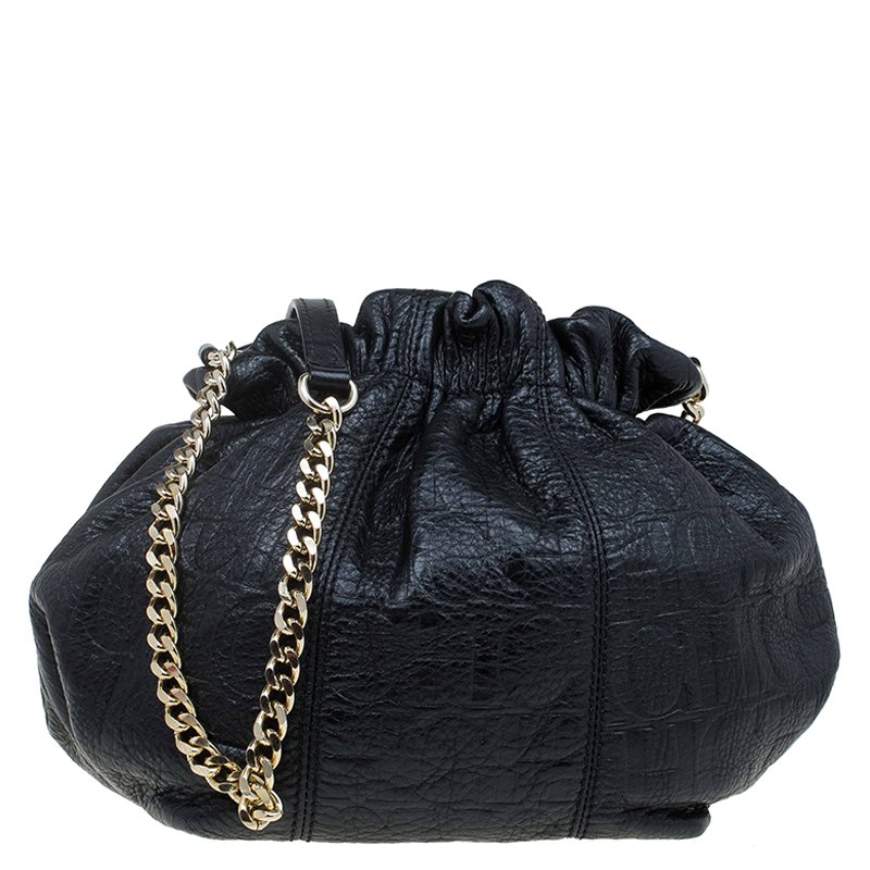Carolina Herrera Black Monogram Leather Drawstring Shoulder Bag