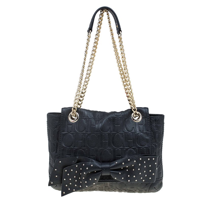 Pre Owned Carolina Herrera Black Monogram Leather Audrey Shoulder Bag