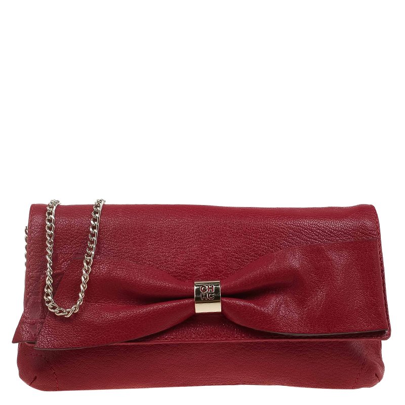 Pre Owned Carolina Herrera Red Leather Bow Clutch Bag
