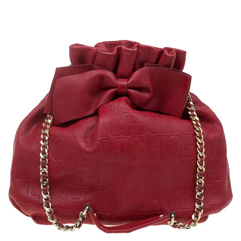 Pre Owned Carolina Herrera Red Embossed Leather Bow Bucket Shoulder Bag