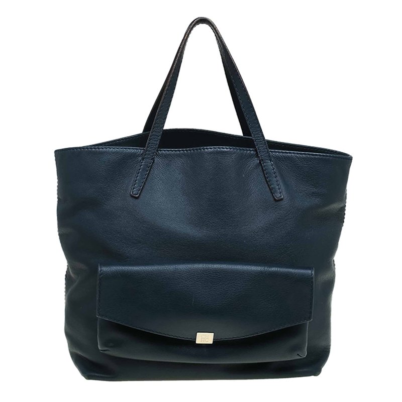Pre Owned  Carolina Herrera Navy Blue Leather Envelope Pocket Tote