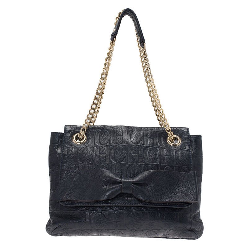 Pre Owned Carolina Herrera Black Monogram Leather Audrey Shoulder Bag
