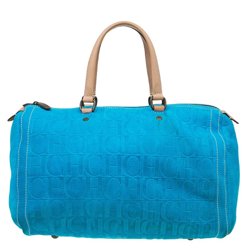 Pre Owned Carolina Herrera Turquoise Leather Large Andy Boston Bag