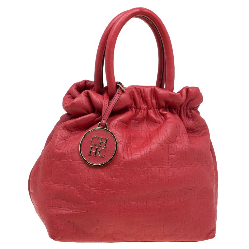 Pre Owned Carolina Herrera Red Leather Pleated Hobo