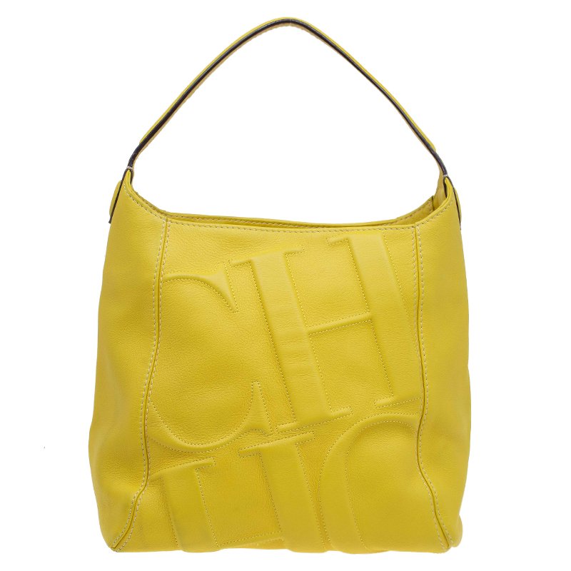 Pre Owned Carolina Herrera Yellow Leather Logo Embossed Hobo