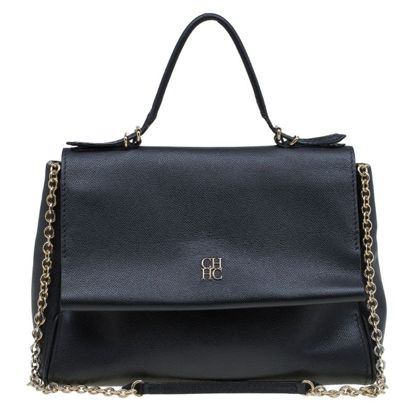 Pre Owned Carolina Herrera Black Leather Minueto Flap Bag