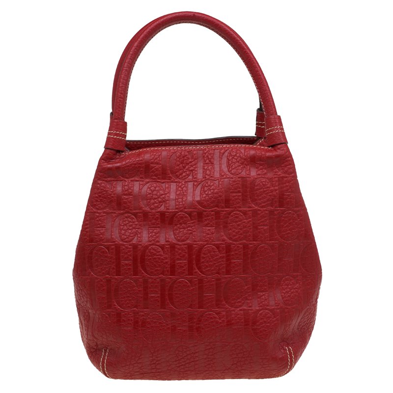 Pre Owned Carolina Herrera Red Monogram Leather Bucket Tote