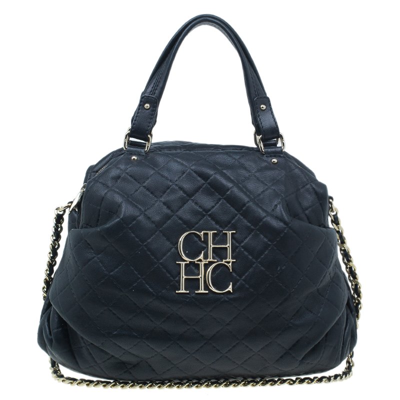 Pre Owned Carolina Herrera Black Leather Quilted Chain Satchel