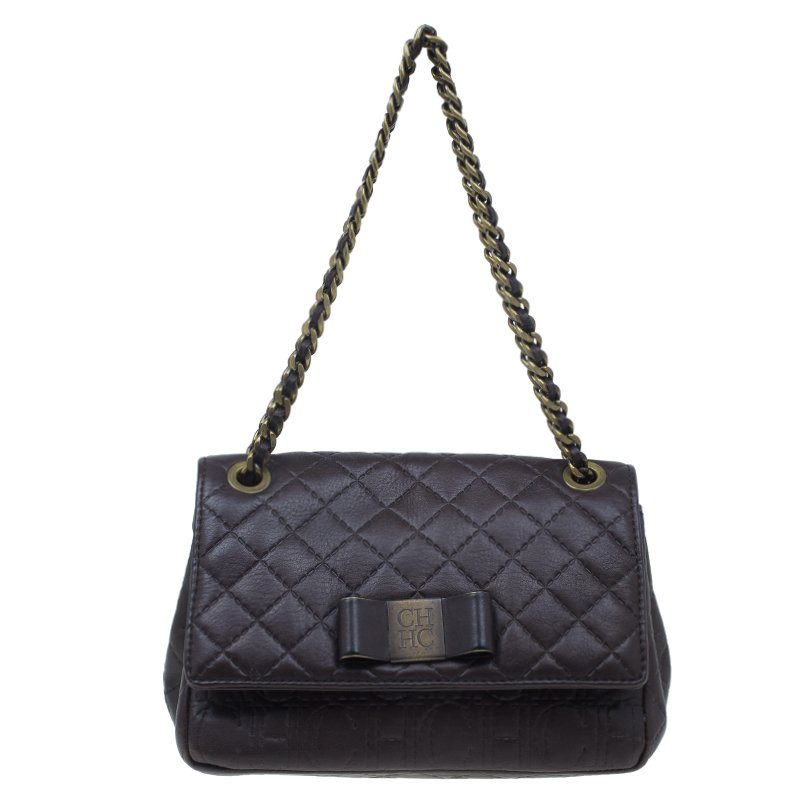 Pre Owned Carolina Herrera Brown Monogram Leather Shoulder Bag