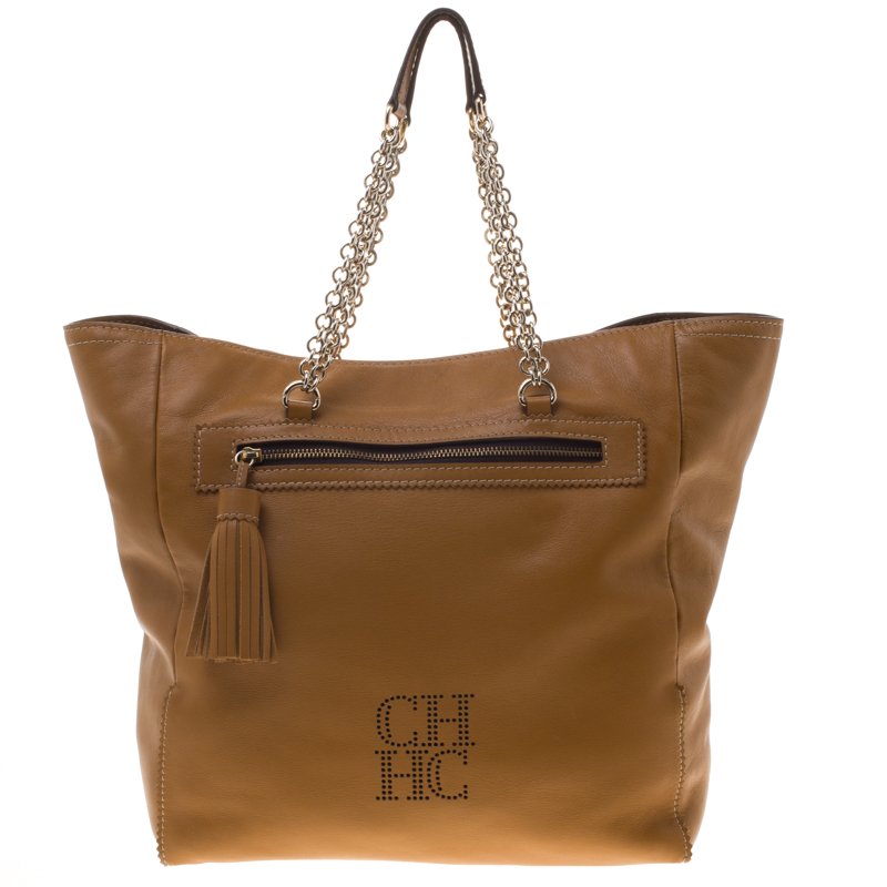 Pre Owned Carolina Herrera Tan Leather Shopping Tote