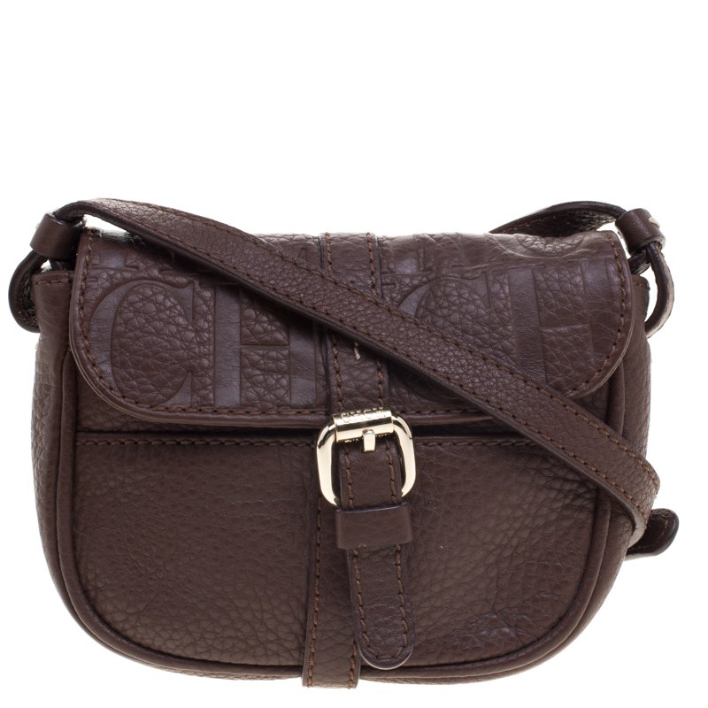 Pre Owned Carolina Herrera Dark Brown Leather Mini Crossbody Bag