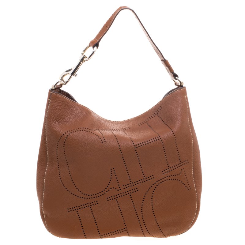 Pre Owned Carolina Herrera Brown Leather Perforated Logo Hobo