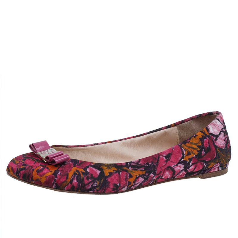 Pre Owned Carolina Herrera Pink Floral Print Bow Ballet Flats Size 39