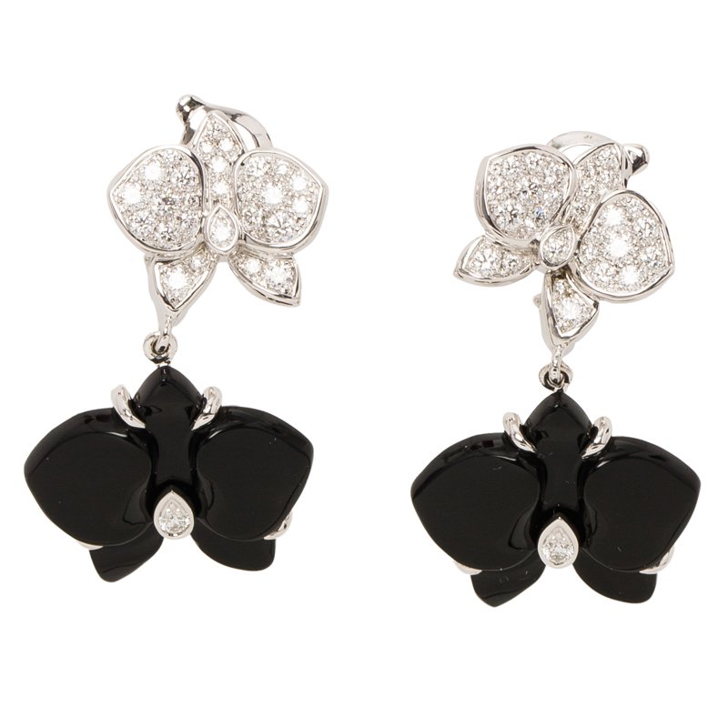 Cartier Caresse D Orchidees Par Diamonds Onyx And White Gold Dangle Earrings