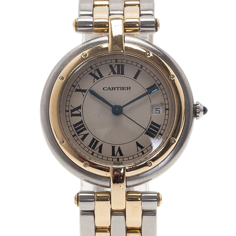 Pre Owned ساعة كارتييه بانثير لون عاجي ستانلس ستيل و ذهب أصفر للنساء 30مم
