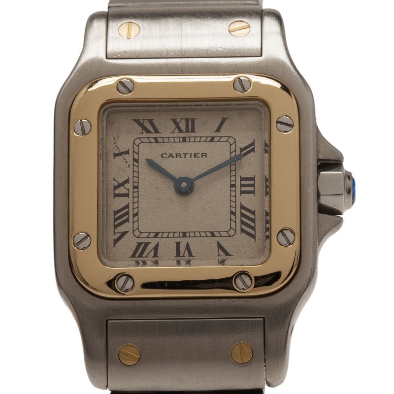 Pre Owned Cartier Cream Stainless Steel and 18K Yellow Gold Santos Women's Wristwatch 24MM