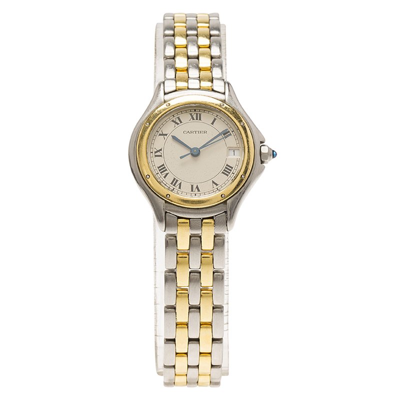 Pre Owned Cartier Cream 18K Yellow Gold and Stainless Steel Cougar 187906 Women's Wristwatch 26MM