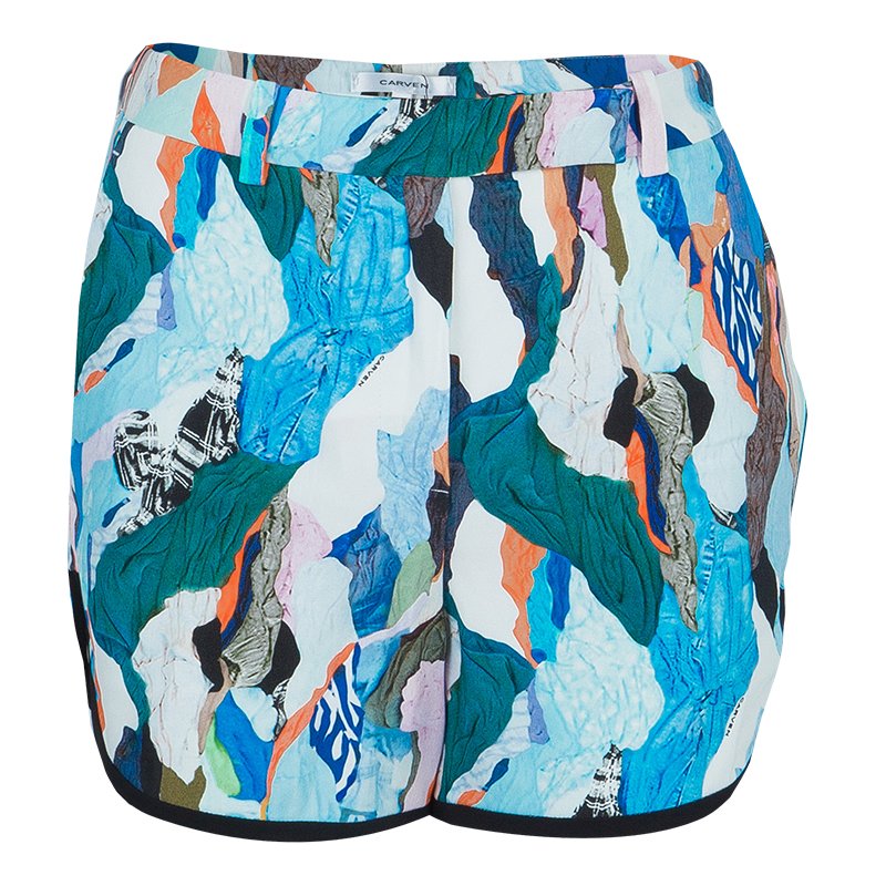Pre Owned شورت كارفن طباعة متعددة الألوان بحواف متباينة M