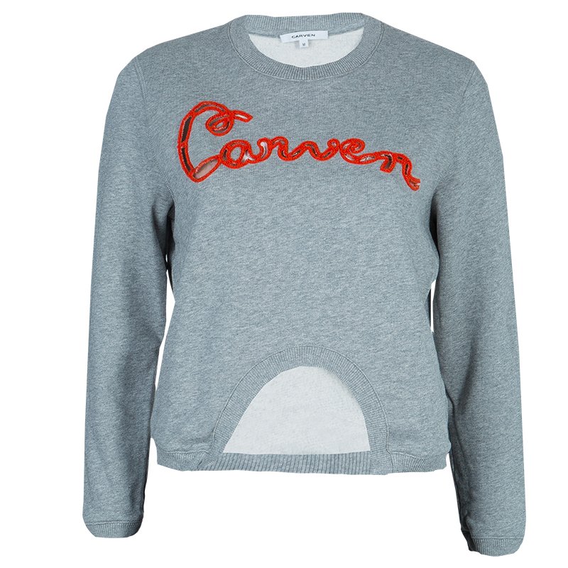 Carven Grey Cut Out Logo Embroidered Cropped Sweatshirt M