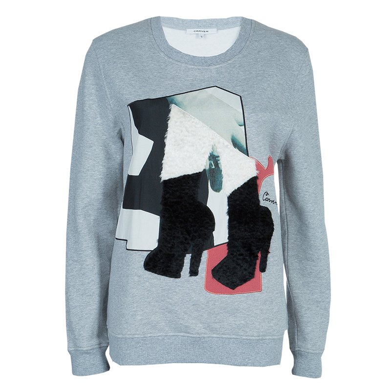 Carven Grey Chenille Embroidered Crewneck Sweatshirt S