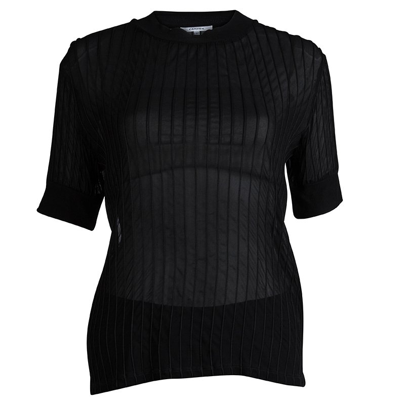 Carven Black Corded Crewneck Sheer Top L