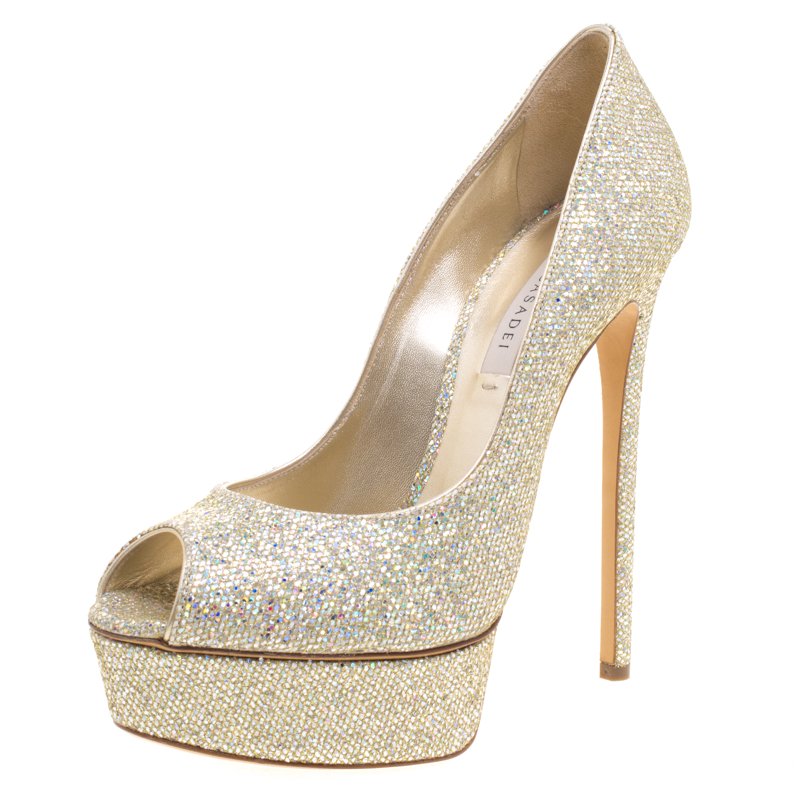 Pre Owned Casadei Glitter Lamé Fabric Peep Toe Platform Pumps Size 38.5