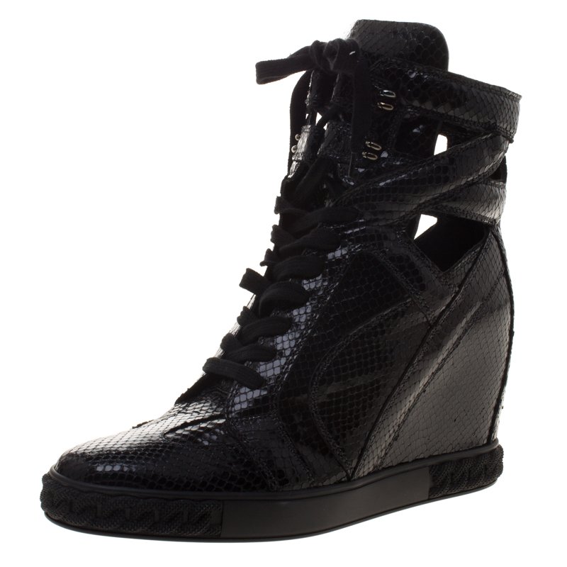 Pre Owned Casadei Black Python Cut Out Wedge High Top Sneakers Size 41