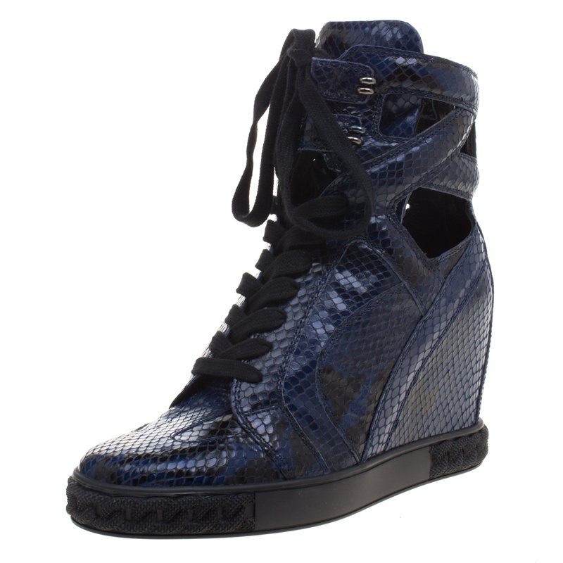 Pre Owned Casadei Two Tone Python Cut-Out Wedge High Top Sneakers Size 39