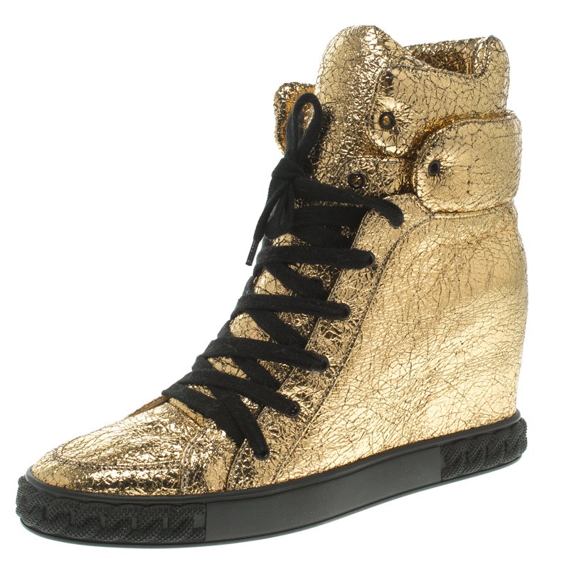 Pre Owned Casadei Gold Metallic Crackled Leather High Top Sneakers Size 41