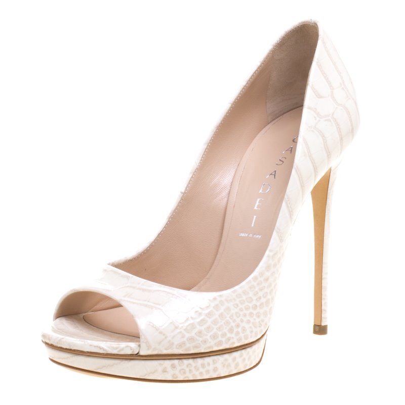 Pre Owned Casadei Ivory Croc Embossed Leather Peep Toe Platform Pumps Size 37