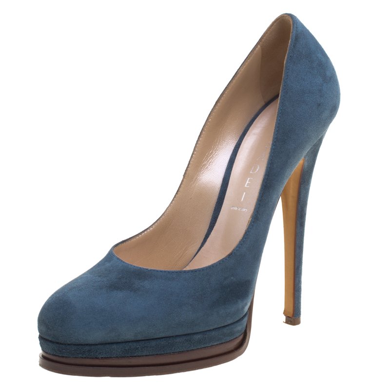 Pre Owned Casadei Denim Blue Suede Platform Pumps Size 39