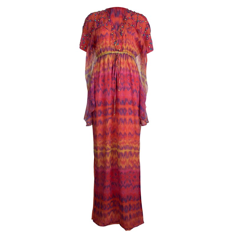Catherine Malandrino Multicolor Printed Silk Studded Maxi Dress P/XS